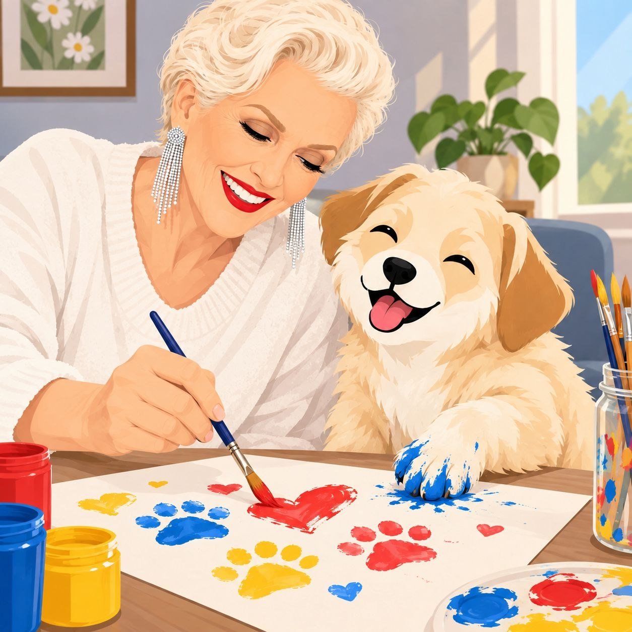 Cali making paw-print paintings