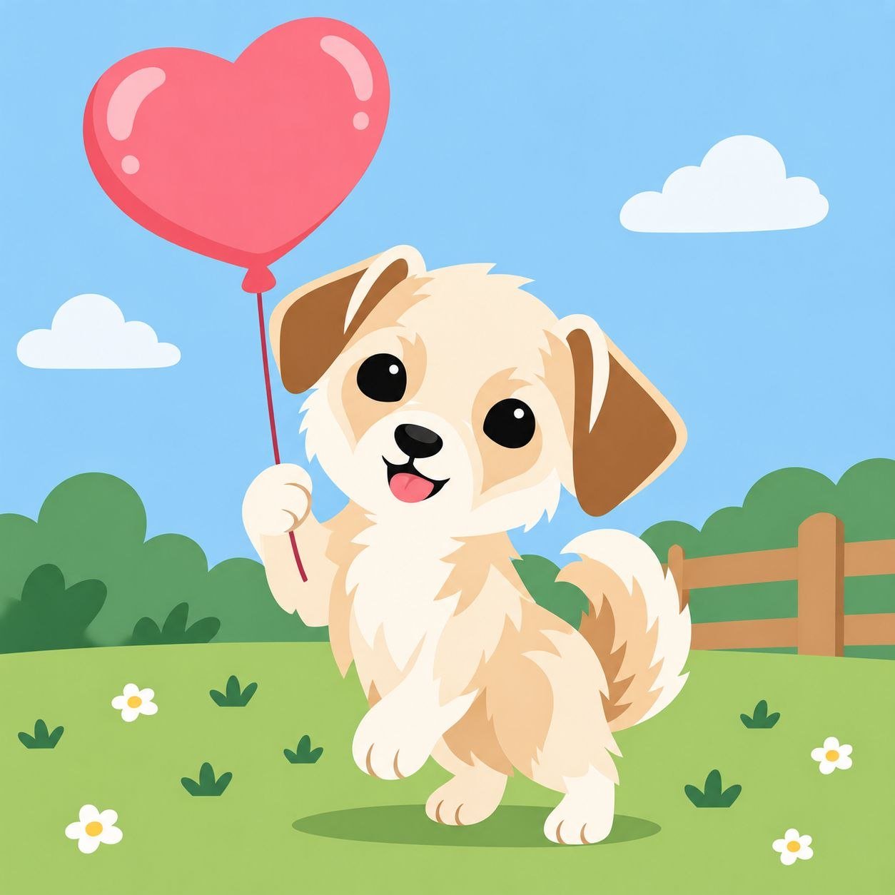 Illustration of Cali holding a heart balloon in a sunny field